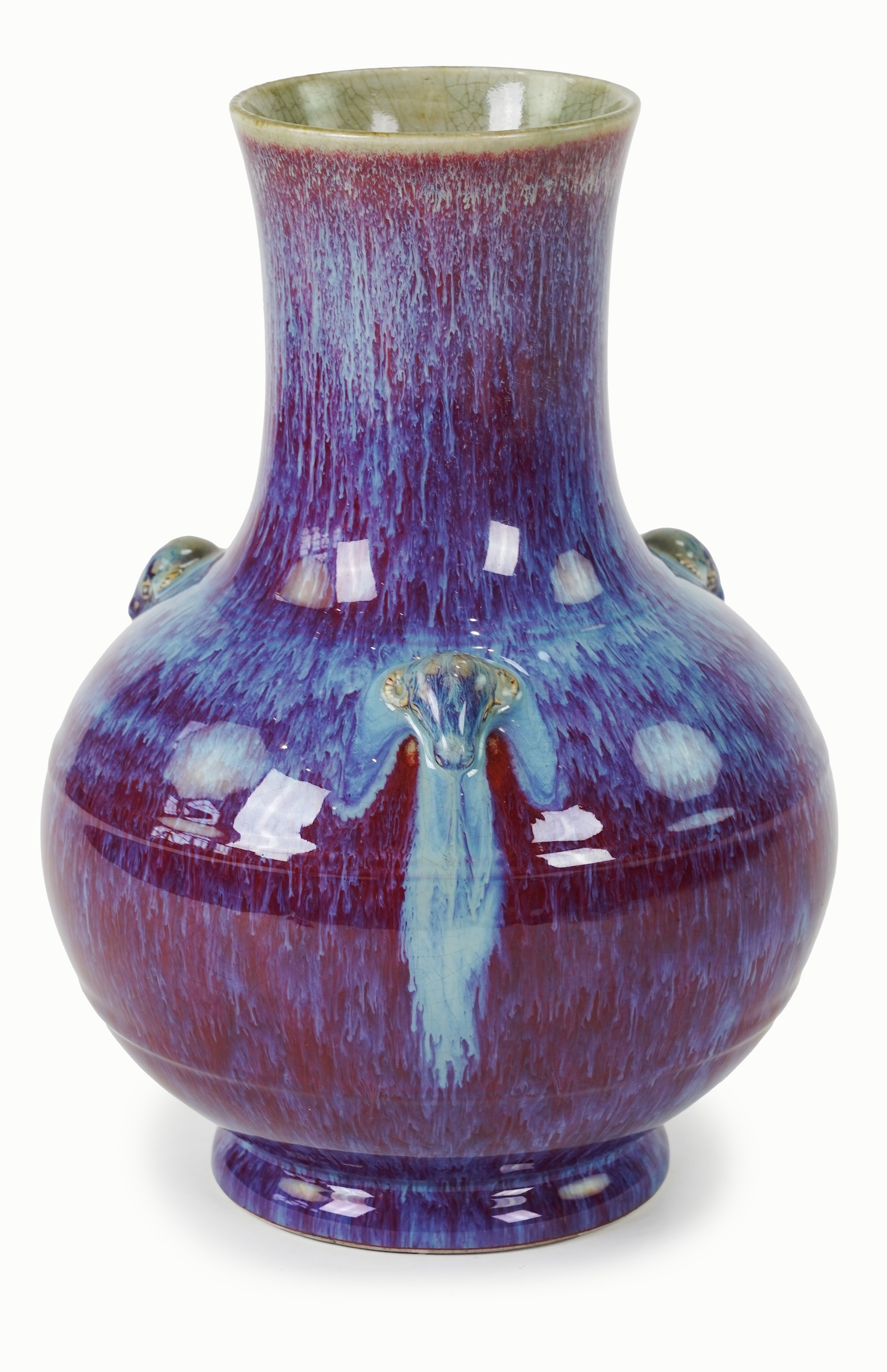 A Chinese flambé glazed ‘three rams’ vase, sanxizun, Qianlong six character seal mark and of the period (1736-95)